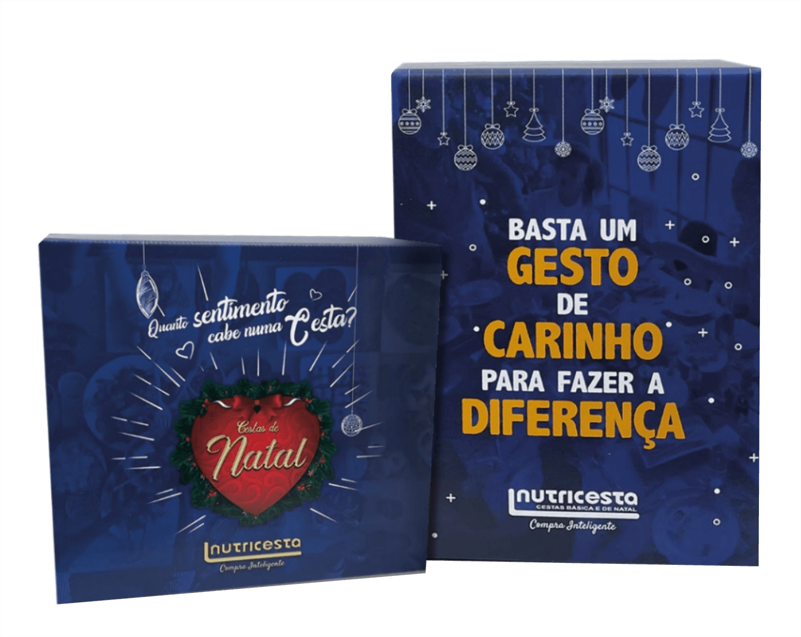 Embalagens das cestas de Natal da campanha, com a frase 'Basta um gesto de carinho para fazer a diferença'